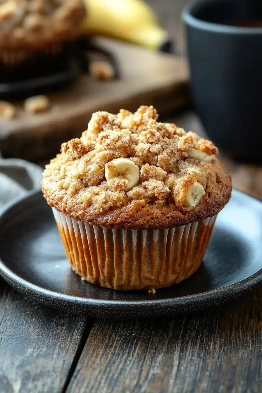 Close-up of a banana muffin dessert with a golden brown top and soft texture.