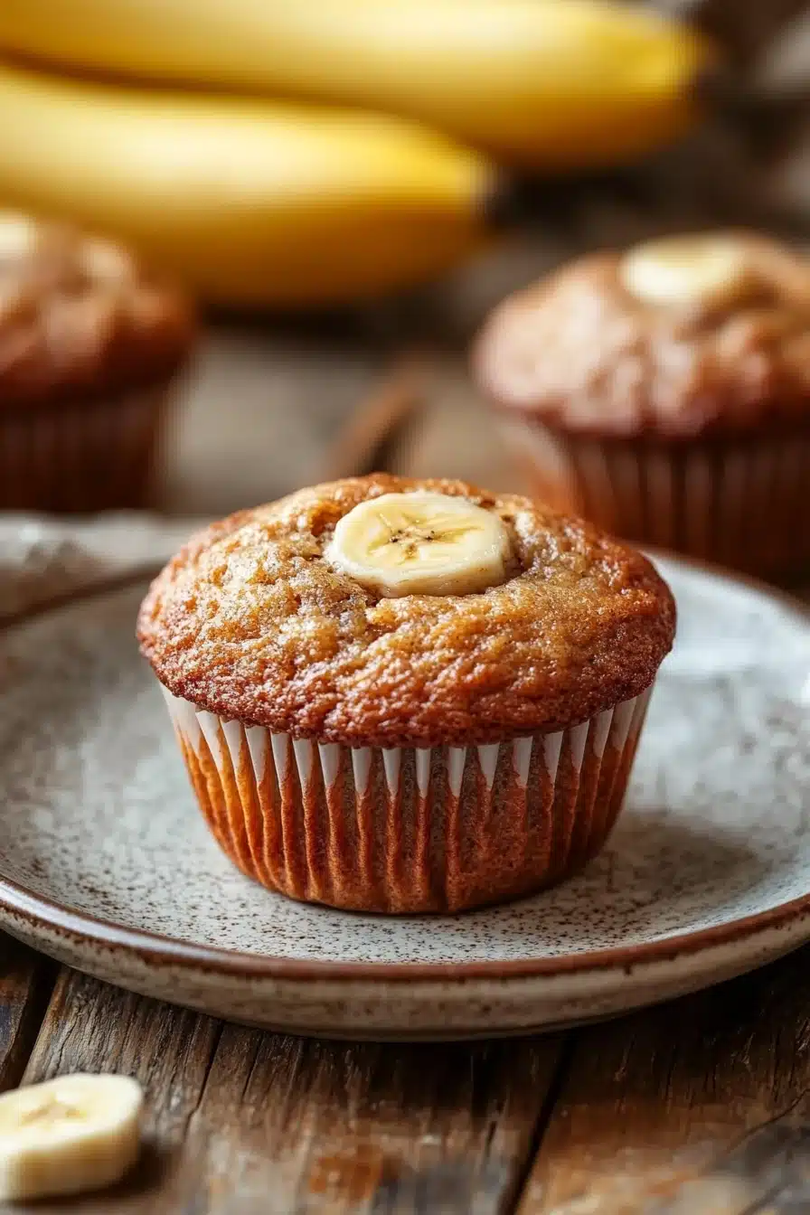 Close-up of banana muffins with Greek yogurt on a white plate, showcasing their moist texture.