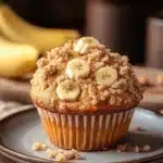 Close-up of banana muffins with streusel topping on a clean background.