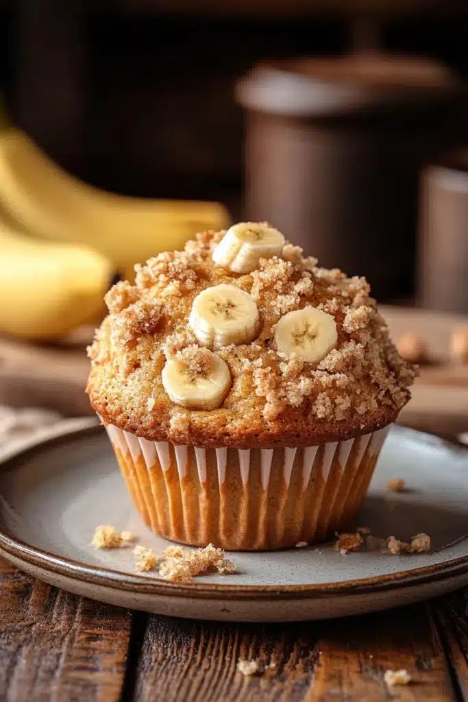 Close-up of banana muffins with streusel topping on a clean background.