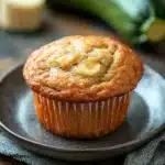 Close-up of a banana muffin with oil and zucchini on a clean background