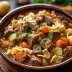Close-up of beef stew and noodles in a crock pot with a warm, appetizing presentation.