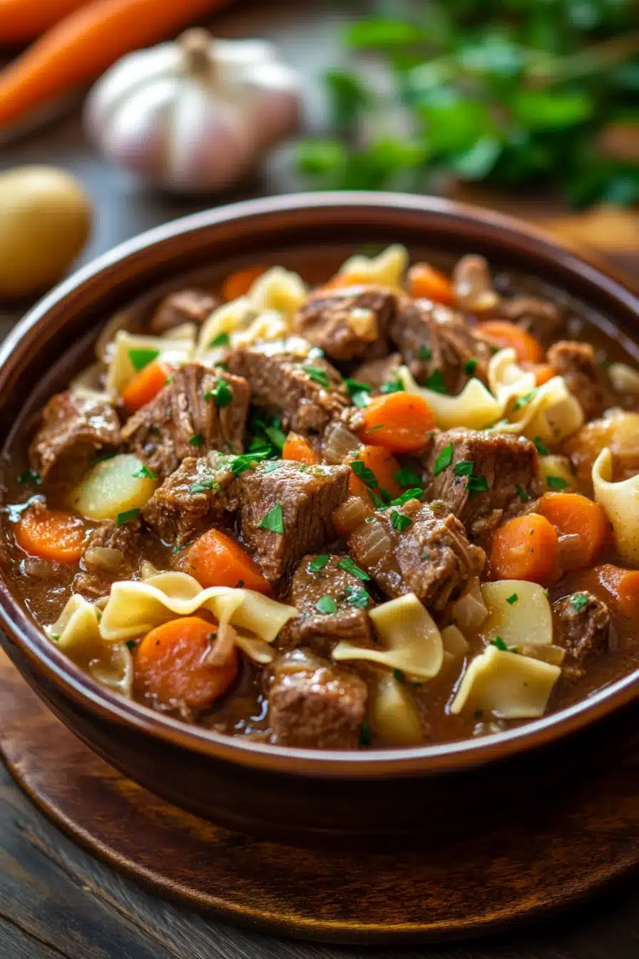 Close-up of beef stew and noodles in a crock pot with a warm, appetizing presentation.