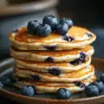 Close-up of blueberry muffin pancakes with fresh blueberries and syrup drizzle.