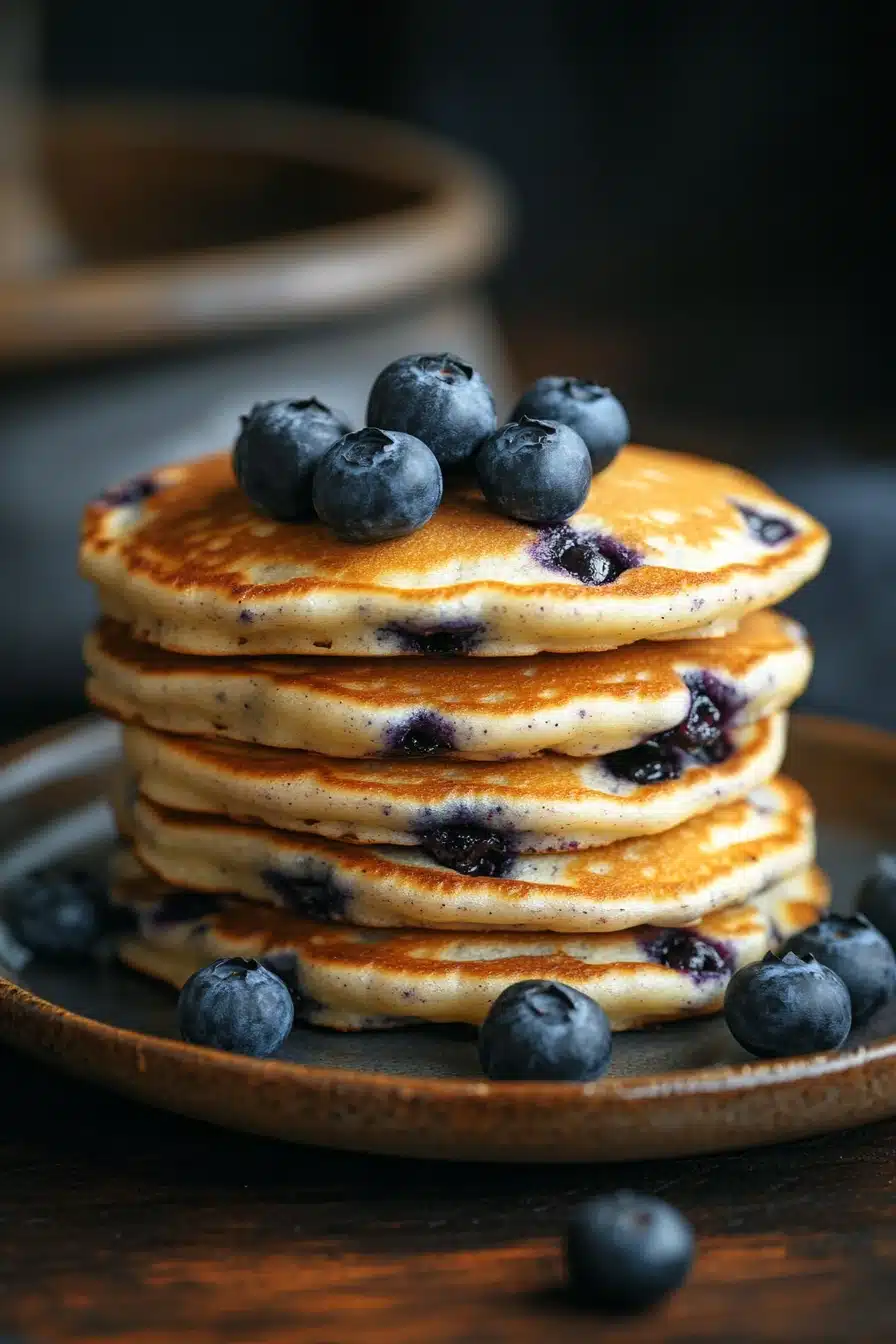Close-up of blueberry muffin pancakes with fresh blueberries and syrup drizzle.