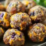 Close-up of blueberry muffin sausage balls with a golden crust, filling the frame.