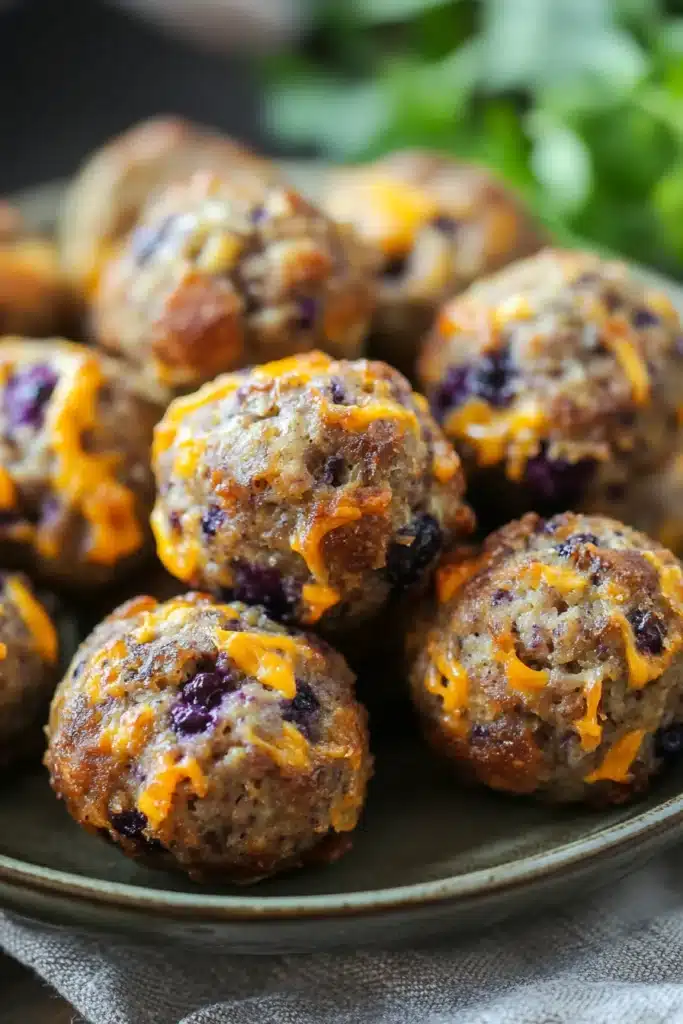 Close-up of blueberry muffin sausage balls with a golden crust, filling the frame.