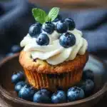 Close-up of blueberry muffin shortcake with fresh blueberries and cream
