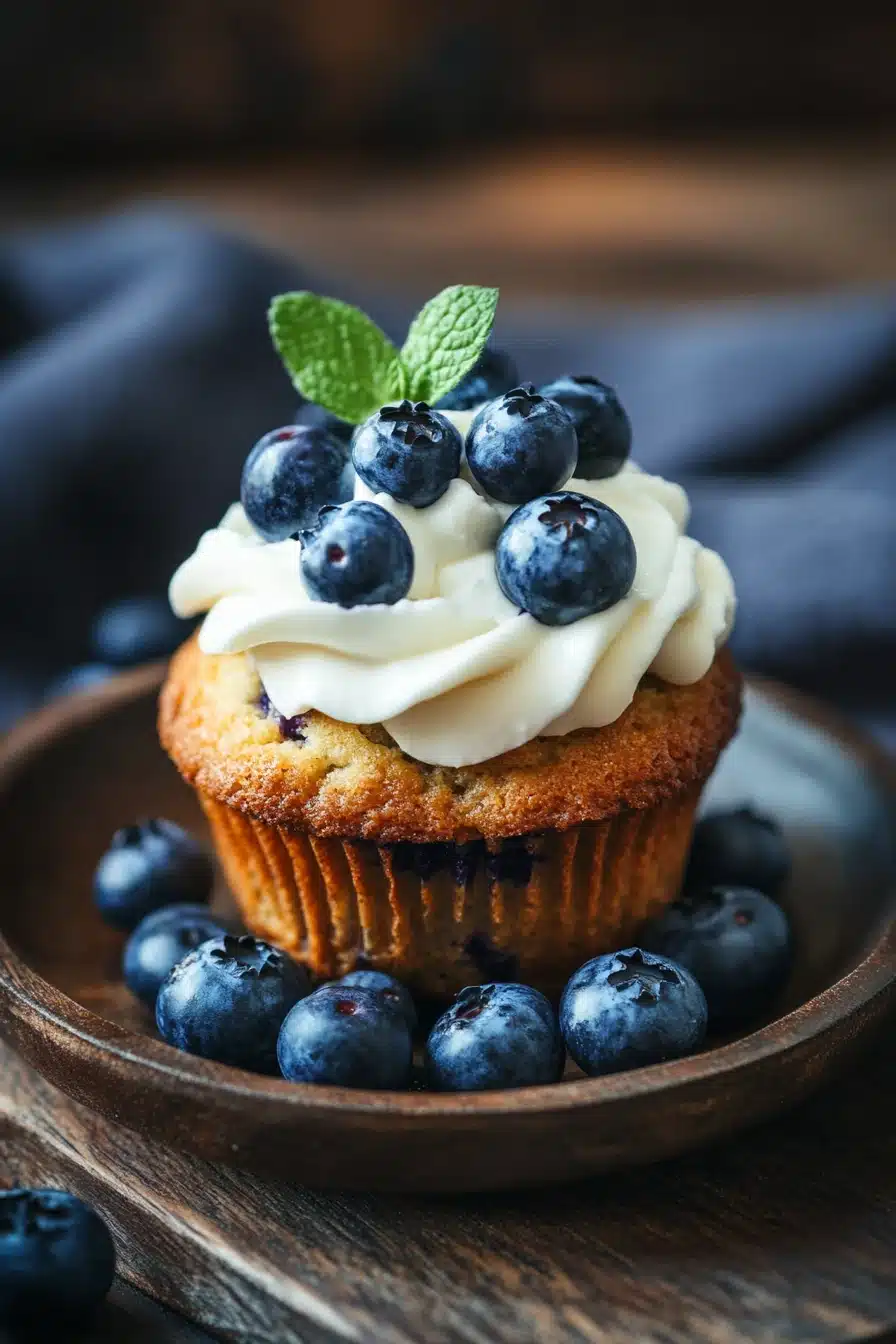 Close-up of blueberry muffin shortcake with fresh blueberries and cream