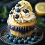 Close-up of a blueberry muffin topped with lemon meringue, showcasing vibrant colors and textures.