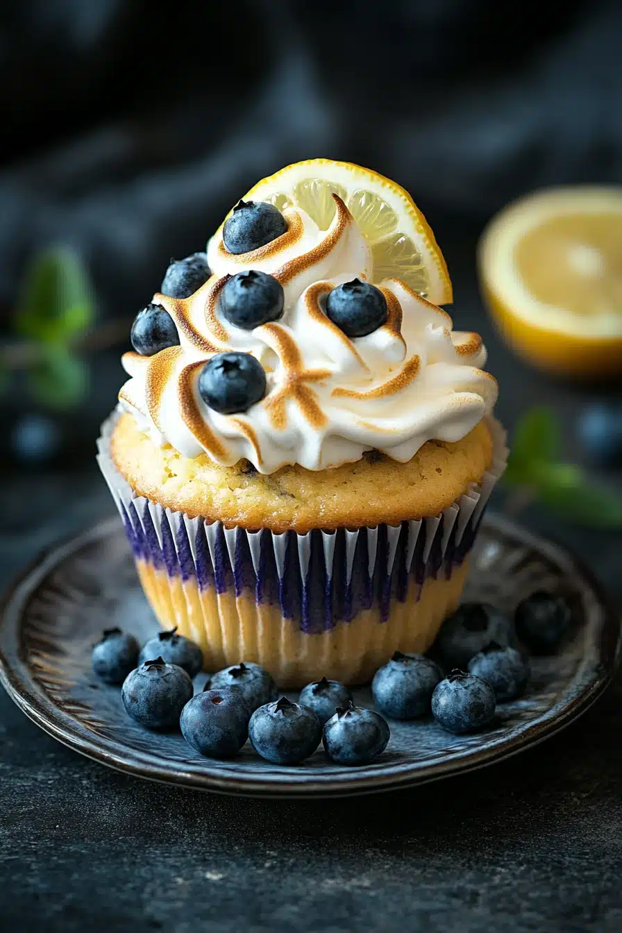 Close-up of a blueberry muffin topped with lemon meringue, showcasing vibrant colors and textures.