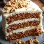 Close-up of a slice of carrot cake from scratch with cream cheese frosting on a white plate.