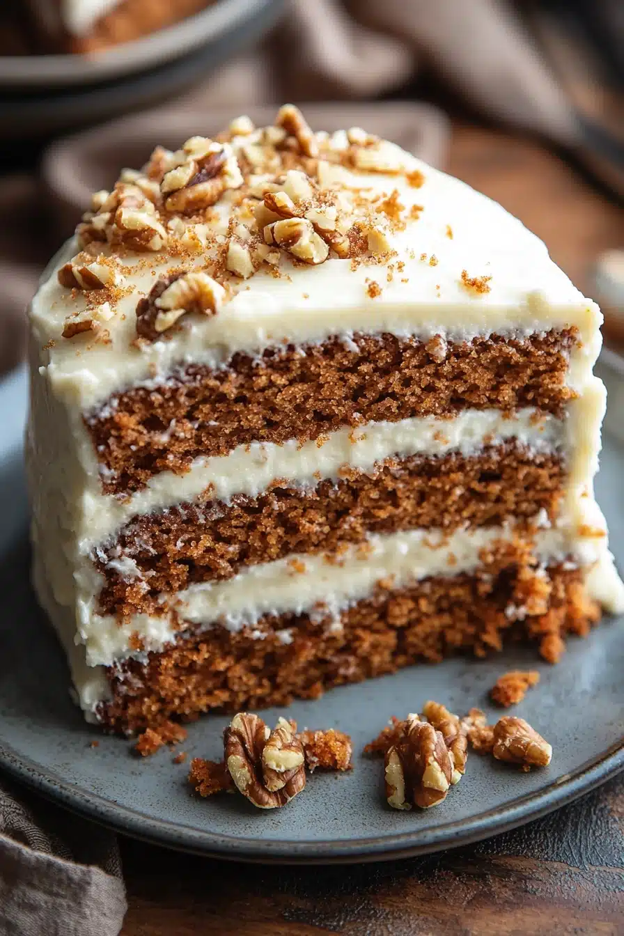 Close-up of a slice of carrot cake from scratch with cream cheese frosting on a white plate.
