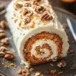 Close-up of a carrot cake jelly roll with cream cheese filling on a white plate.