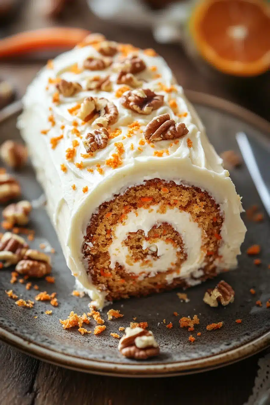 Close-up of a carrot cake jelly roll with cream cheese filling on a white plate.