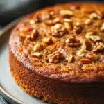 Close-up of a slice of carrot cake with creamy frosting, showcasing textures and warm tones.