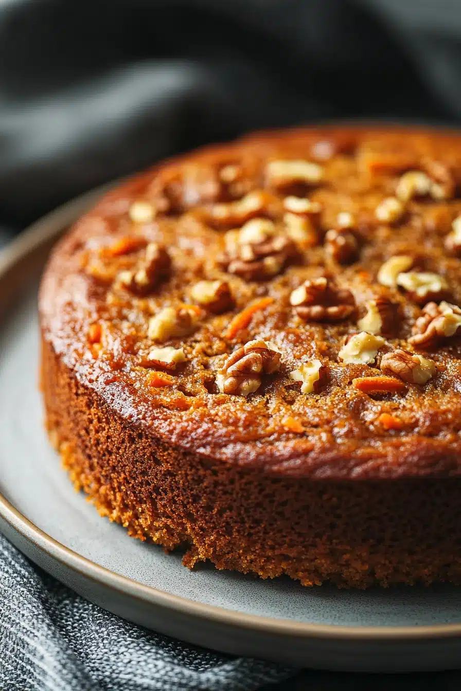 Close-up of a slice of carrot cake with creamy frosting, showcasing textures and warm tones.