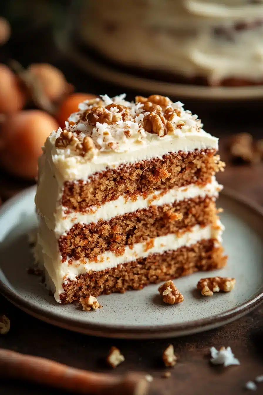 Close-up of a carrot cake with coconut topping, showcasing its texture and detail.