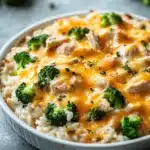 Close-up of cheesy chicken broccoli rice casserole with creamy sauce and herbs