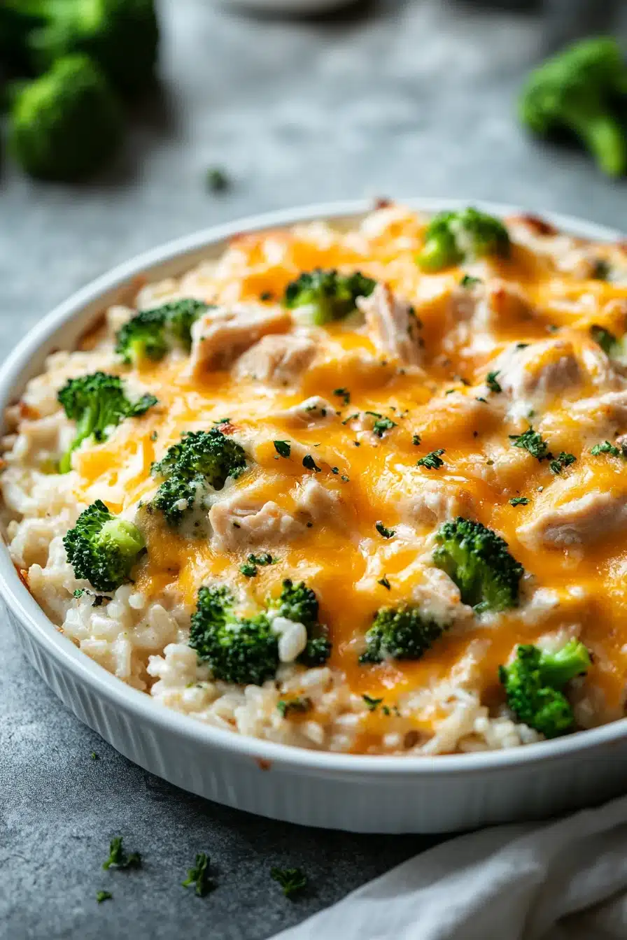Close-up of cheesy chicken broccoli rice casserole with creamy sauce and herbs