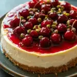 Close-up of a cherry pistachio cheesecake with vibrant cherries and pistachios on top.