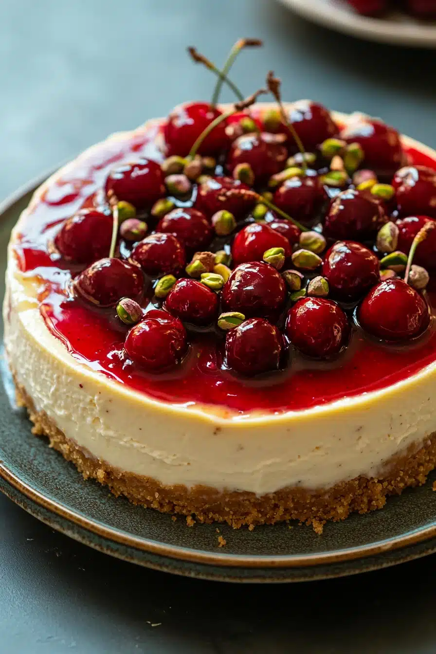 Close-up of a cherry pistachio cheesecake with vibrant cherries and pistachios on top.