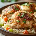 Close-up of a chicken and rice casserole with a golden crust, garnished with herbs, dairy-free