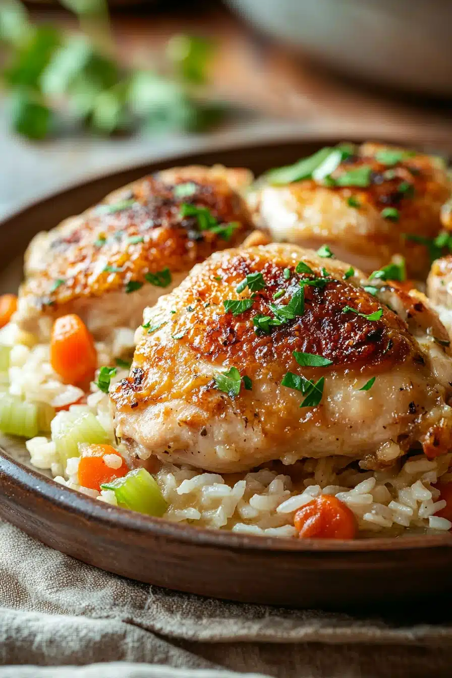 Close-up of a chicken and rice casserole with a golden crust, garnished with herbs, dairy-free