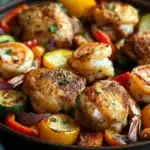 Close-up of a chicken and shrimp sheet pan meal with vegetables on a baking tray.