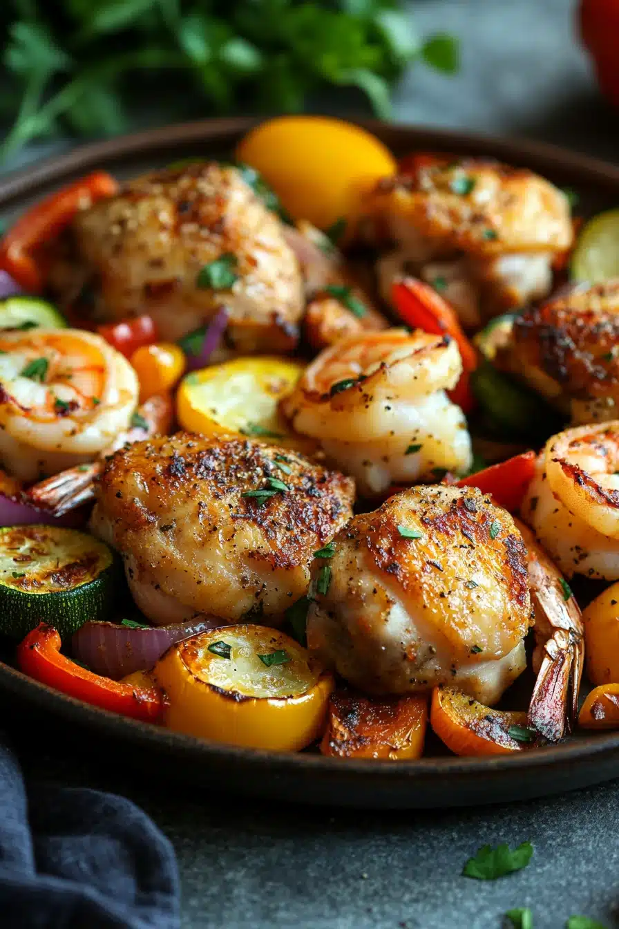 Close-up of a chicken and shrimp sheet pan meal with vegetables on a baking tray.