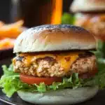 Close-up of delicious chicken breast burgers with fresh toppings and a clean background