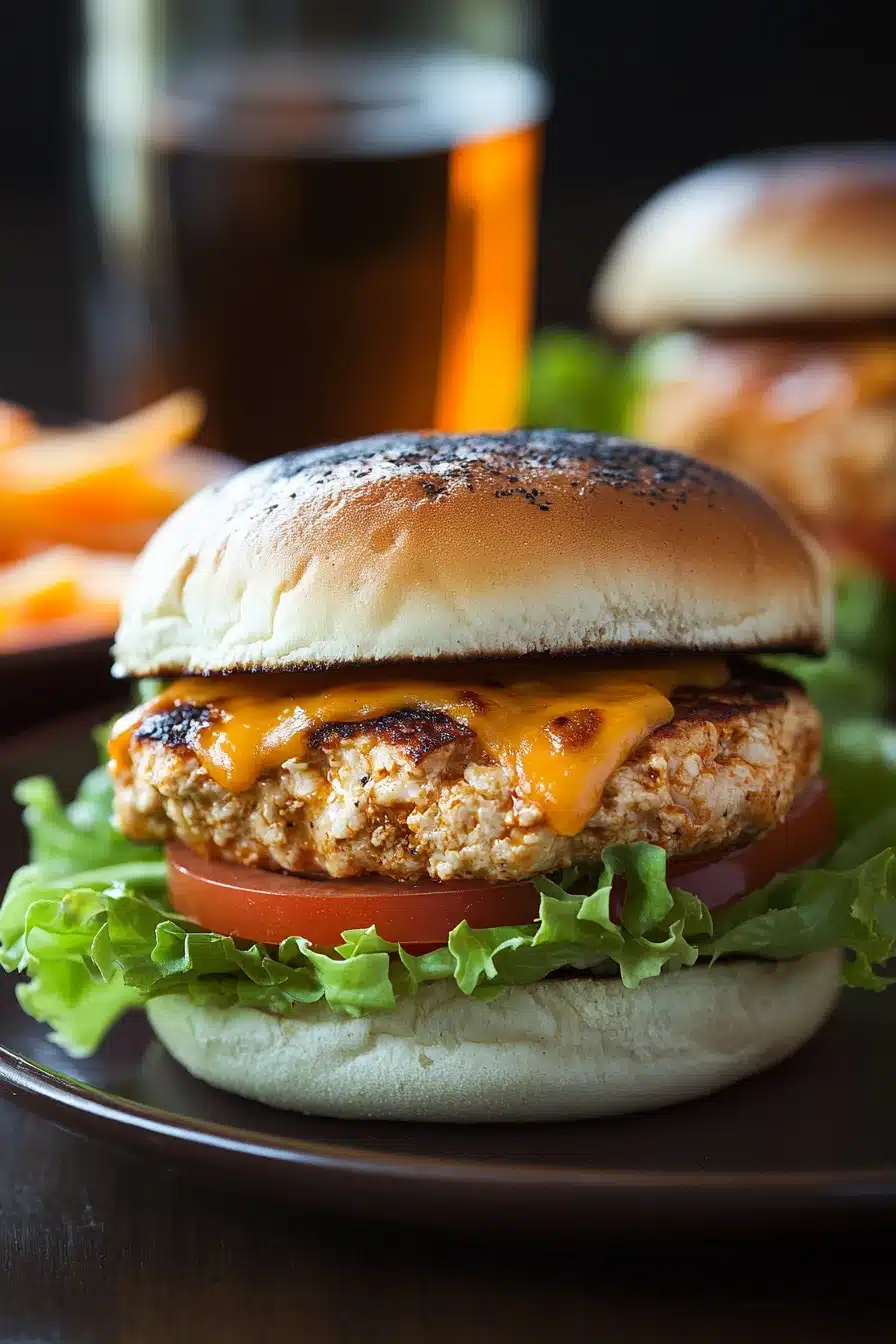 Close-up of delicious chicken breast burgers with fresh toppings and a clean background