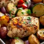 Close-up of chicken breast on a sheet pan with vegetables, bright and appetizing.