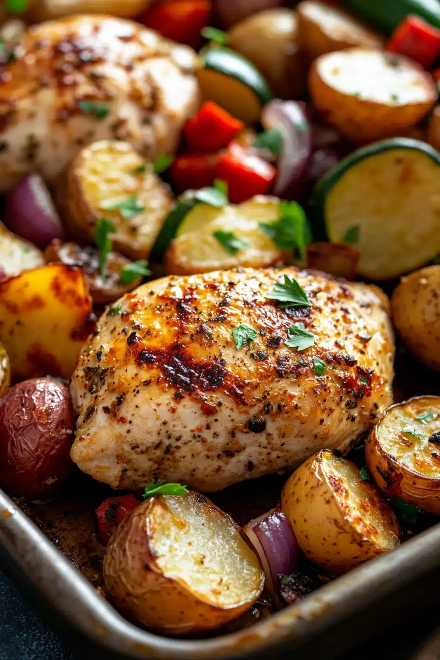 Close-up of chicken breast on a sheet pan with vegetables, bright and appetizing.