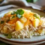 Close-up of chicken rice pineapple casserole with a clean background