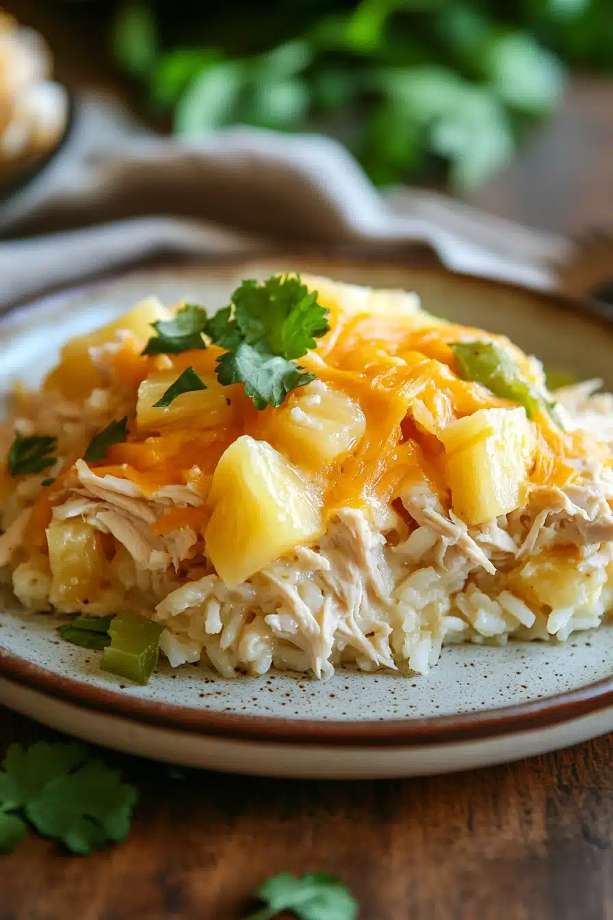 Close-up of chicken rice pineapple casserole with a clean background