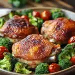 Close-up of a chicken sheet pan dinner with vegetables, perfect for a keto meal.