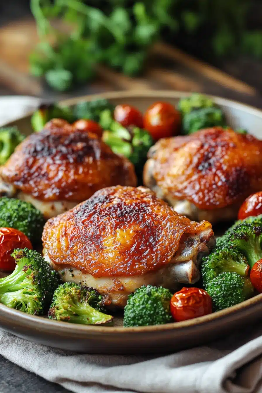 Close-up of a chicken sheet pan dinner with vegetables, perfect for a keto meal.