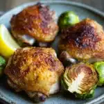 Close-up of a chicken sheet pan dinner with brussel sprouts, roasted to perfection.