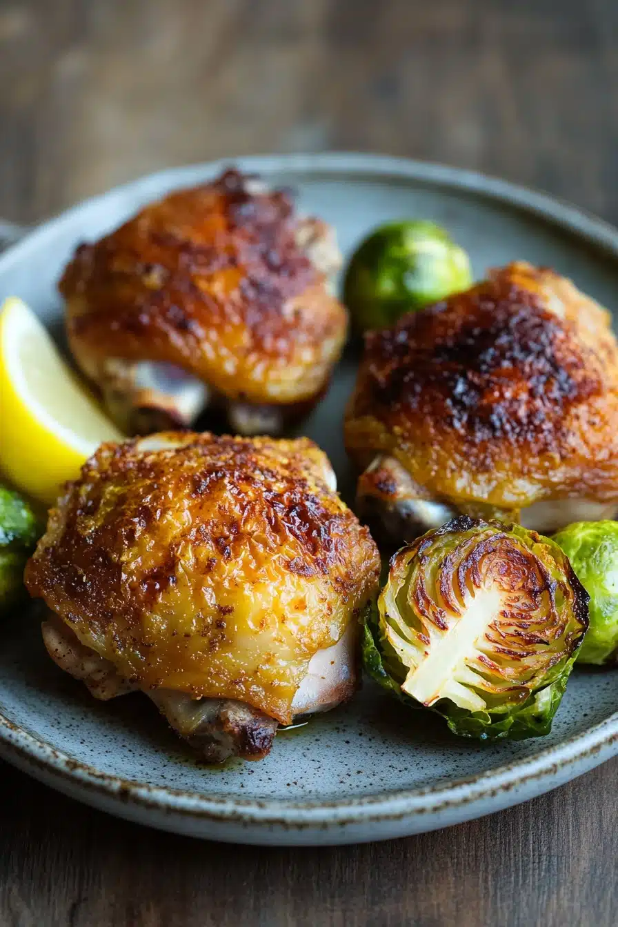Close-up of a chicken sheet pan dinner with brussel sprouts, roasted to perfection.
