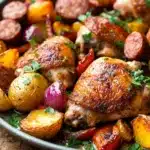 Close-up of a chicken thigh and sausage sheet pan dinner with roasted vegetables