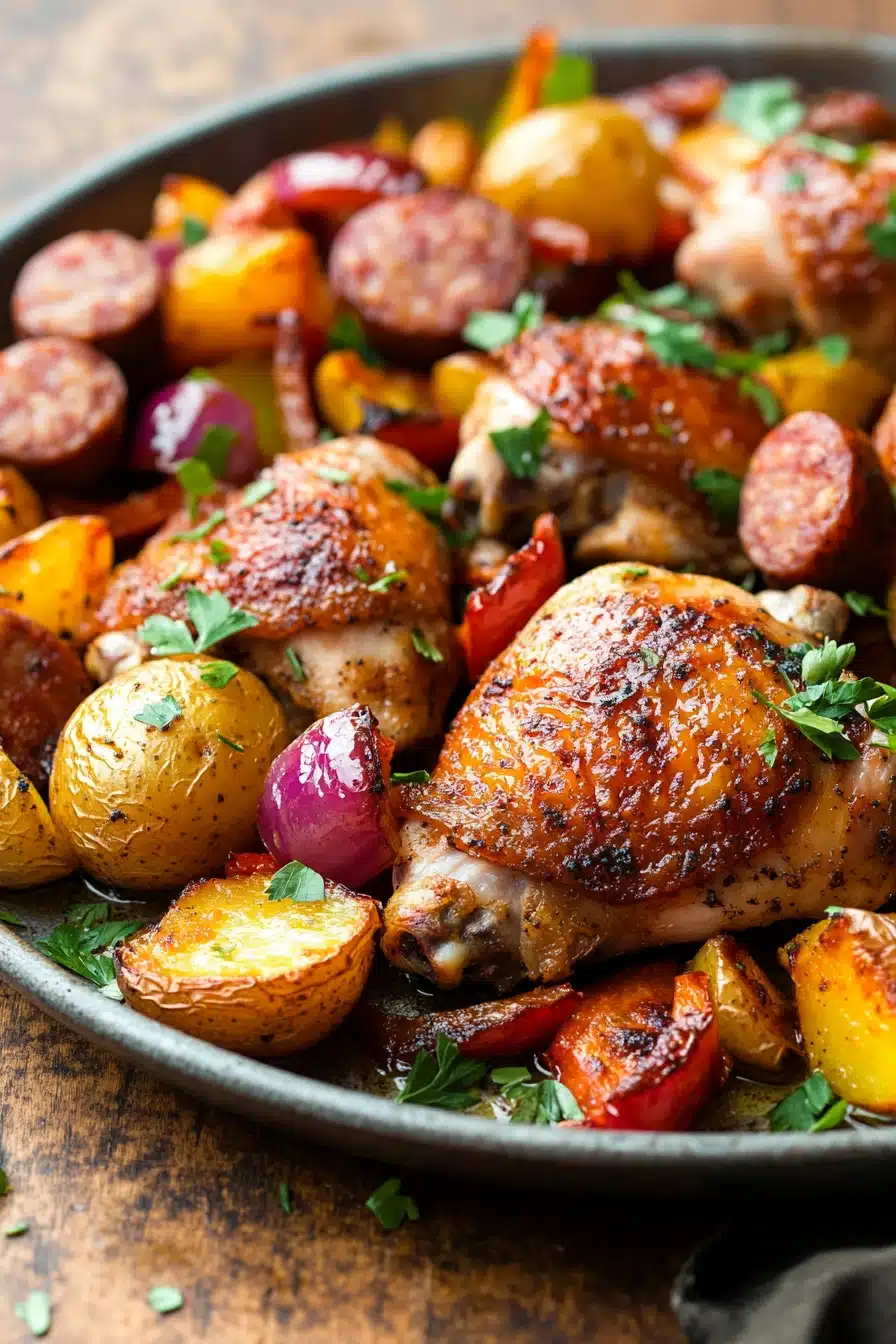 Close-up of a chicken thigh and sausage sheet pan dinner with roasted vegetables