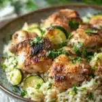 Close-up of a chicken zucchini rice dish in a pot with bright natural lighting.