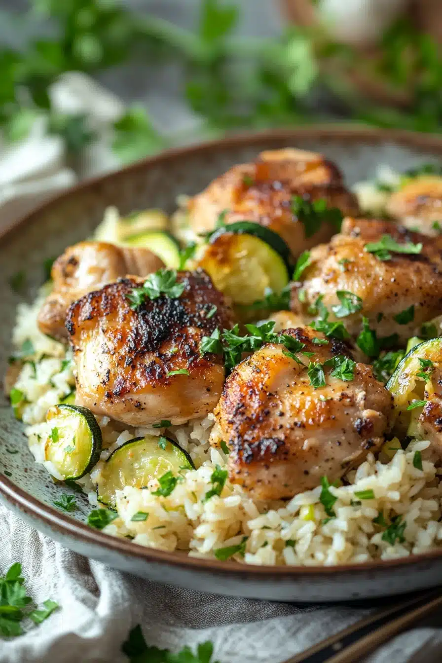 Close-up of a chicken zucchini rice dish in a pot with bright natural lighting.