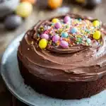 Close-up of a chocolate cake with rich frosting, perfect for Easter celebrations.