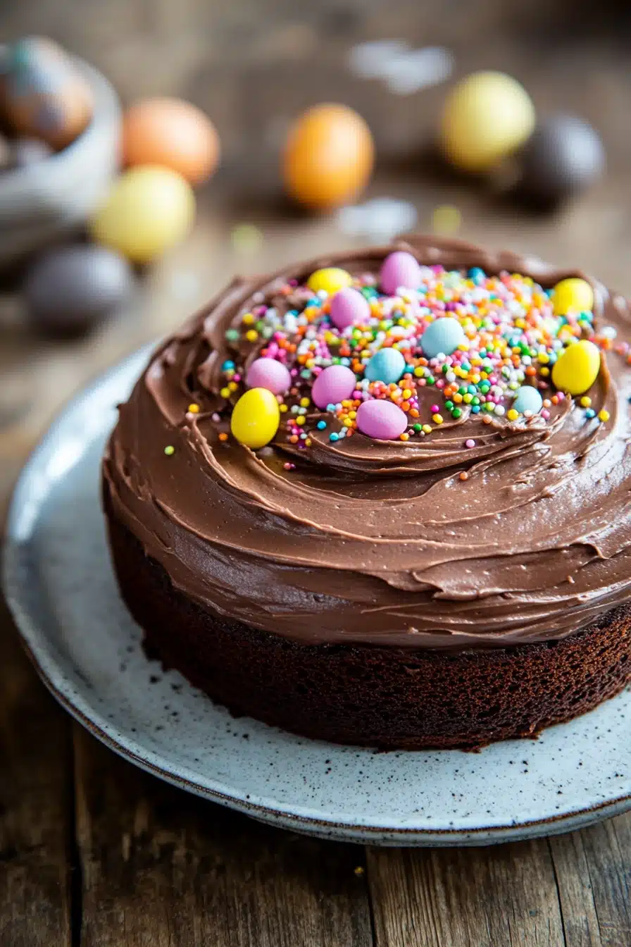 Close-up of a chocolate cake with rich frosting, perfect for Easter celebrations.
