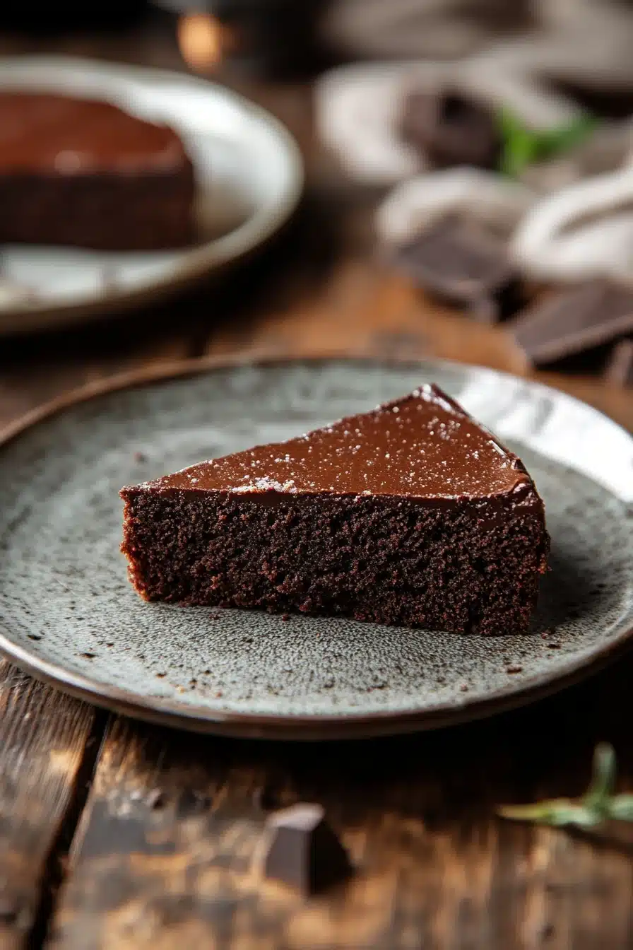 Close-up of a low sugar chocolate cake with rich texture and minimal background.