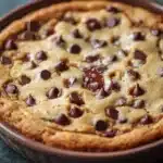 Close-up of a chocolate chip cookie casserole with golden brown edges and melted chocolate chips.