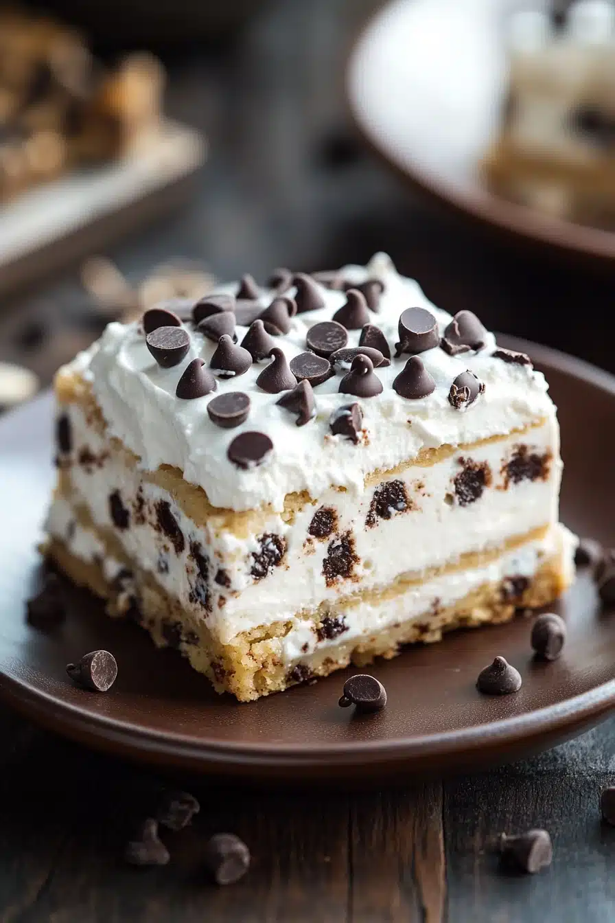 Close-up of chocolate chip cookie lasagna with layers of cookies and cream.