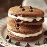 Close-up of a chocolate chip cookie sandwich with visible chocolate chips and a clean background.